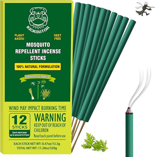 KICKOUTOR Mosquito Incense Sticks with Natural Citronella Oil, 12 Count DEET-Free Outdoor Mosquito Repellent for Patio, Backyard Gatherings & Camping, Up to 2.5-Hour Against Gnats & No-See-Ums