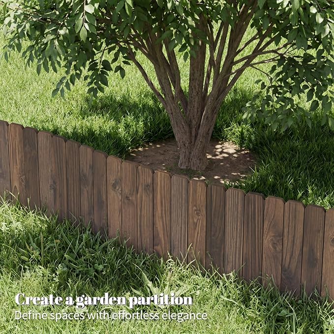 Garden Wooden Fence Edging, Burnt Wood Finish, Fir Wood,Outdoor Lawn Landscape Border (2, 11.8" Height)