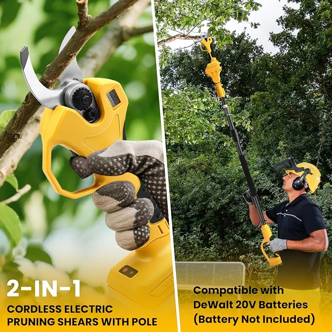 2-in-1 Pole Pruner & Cordless Electric Pruning Shears for Dewalt 20V Battery, 14Ft Reach, 1.2" Cutting Diameter, Brushless Motor with LCD Display, for Tree Trimming Branch Cutter (No Battery)