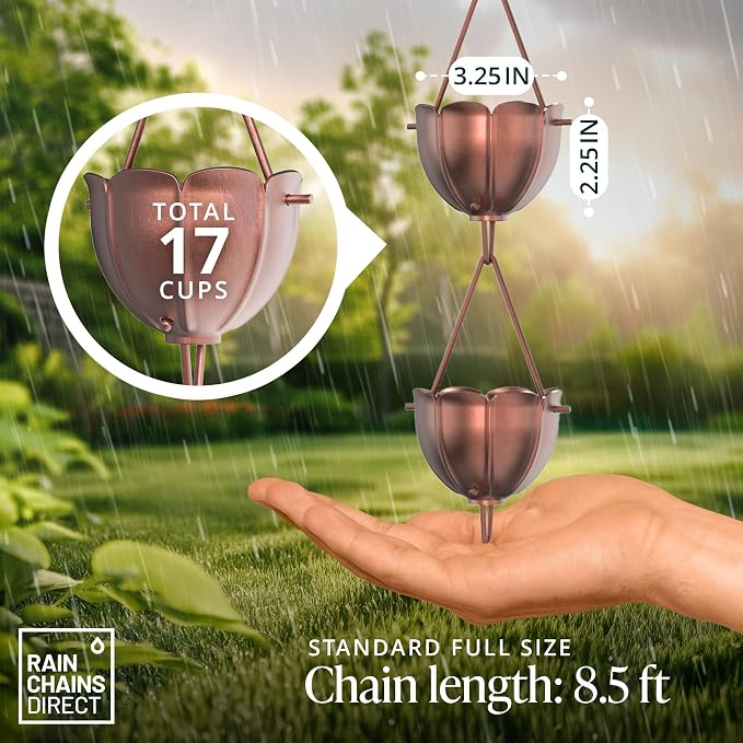 Rain Chains Direct Rain Chain - Rain Chains for Gutters - Orchid, 8.5 Feet, 100% Pure Copper, Rain Chains for Downspouts