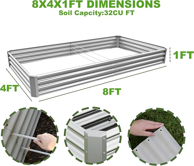 8x4x1ft (2 Pack) Raised Garden Bed Kit, Galvanized Planter Box Outdoor, Metal Raised Garden Beds for Flower,Vegetables, Herb,Silver