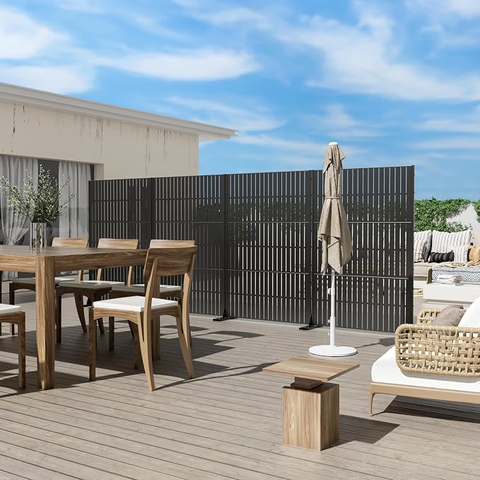 Casaphoria 72" H x 47" W Metal Outdoor Privacy Screen, Freestanding Decorative Divider for Patio, Deck, Balcony, and Garden with Stable Base, Black-Fence
