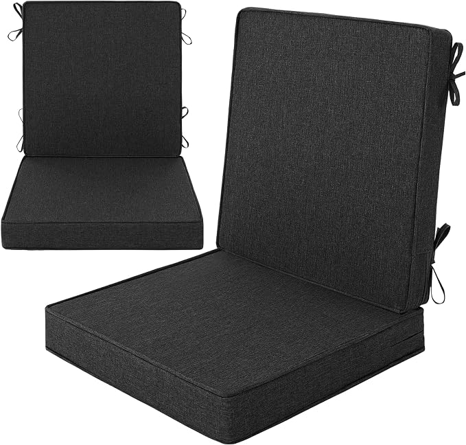 Outdoor Chair Cushions, Water-Resistant & Fade-Resistant, Patio Furniture Lawn Dining Chair Seat Replacement with Mid Back, Ties Zipper, Removable Cover, 18 x 16.5 Inch, Set of 2, Black