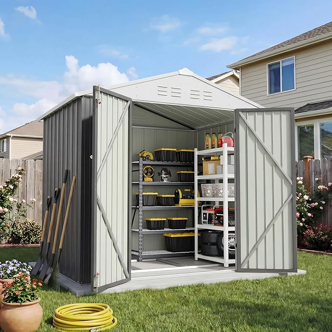 Patiowell 6x4 FT Outdoor Storage Shed with Floor Frame, Metal Garden Patio Sheds with Sloping Roof and Lockable Door, Waterproof Steel Tool Shed for Backyard Garden Lawn, Gray