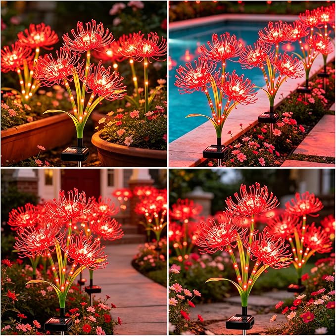 VOOKRY Solar Lights Outdoor, 4 Pack Red Spider Lily Garden Flower Lights | 3Heads per Stem& Individual Solar Panels, Warm White LED Waterproof Yard Lawn Pathway Decor,Decorative Garden Gifts for Women