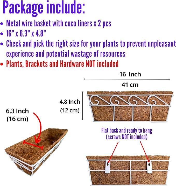 LaLaGreen Wall Mounted Planters (16 Inch, 2 Pack) Window Flower Boxes Basket Outdoor, Balcony Planter Over the Rail, Deck Railing Hanging with Coco Liners, White Metal Horse Troughs Fence Patio Porch