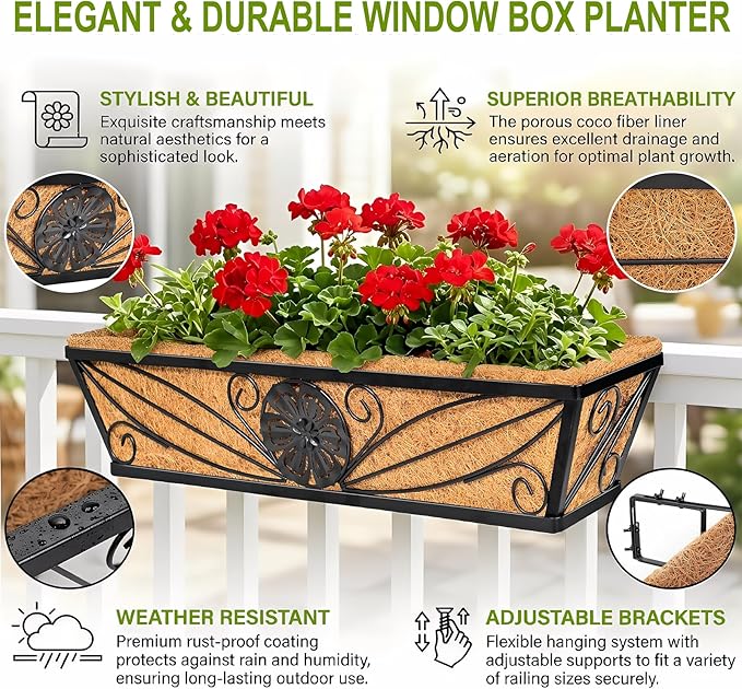 4 Pack 24 Inch Railing Planter Boxes with Coco Liner, Floral Scroll Metal Window Box Planters for Outdoor Plants, Black Hanging Window Baskets for Garden, Patio, Balcony Railing Decor