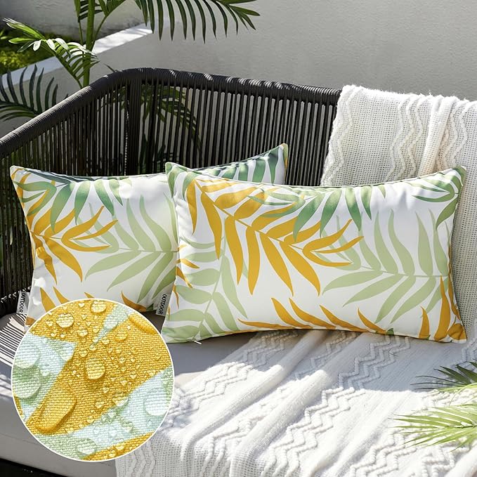 MIULEE Pack of 2 Decorative Outdoor Waterproof Throw Pillow Covers Patio Pillow Cases Natural Leaves Pattern Spring Square Cushion Shams Shell for Garden Balcony Couch 12x20 Inch, Green&Yellow