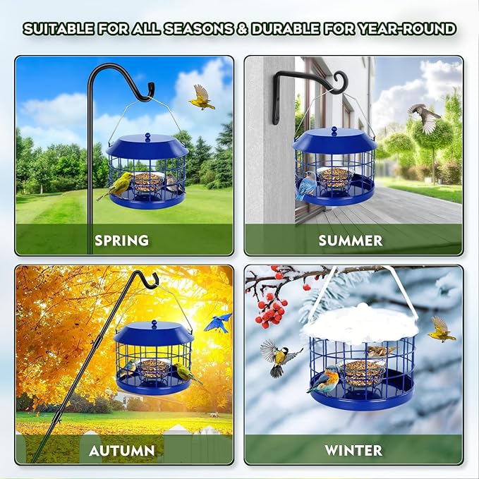 Gbekery Caged Bluebird Feeder for Mealworms with Glass Bowl, Squirrel Proof Bird Feeder for Small Birds Only, Detachable Hook, Large Space, Outdoors Weatherproof, Metal, Blue