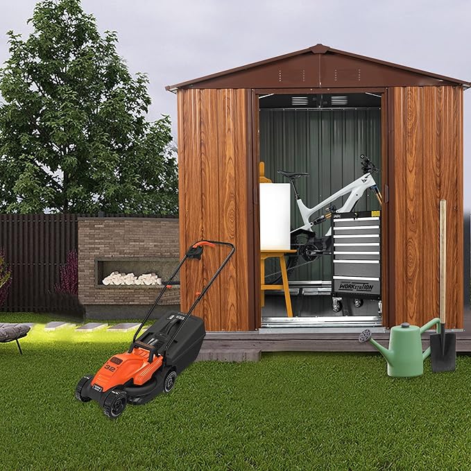 6 x 6 Ft Outdoor Metal Storage Shed with Woodgrain & Side Window, Accent Garden Shed w/Air Vents, Floor Base and Lockable Sliding Doors, Utility Tool Storage House for Backyard Lawn,Brown