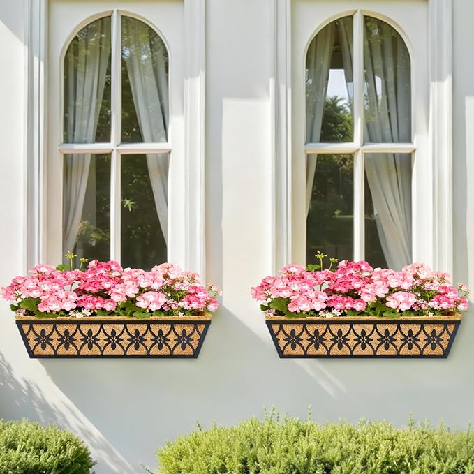 30 Inch Window Boxes Planters Railing Planter Box - 4 Pack Deck Railing Planter Boxes with Adjustable Brackets Coco Liners Balcony Planters Railing Hanging for Window Flower Boxes Outdoor Garden Decor