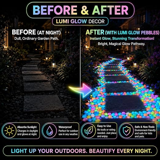 1000Pcs Glow in The Dark Stones Outdoor, Mixed Colors for Landscaping | Mixed Color,Glow in The Dark for Garden & Fish Tank,Non-Toxic Resin,Rechargeable by Sunlight