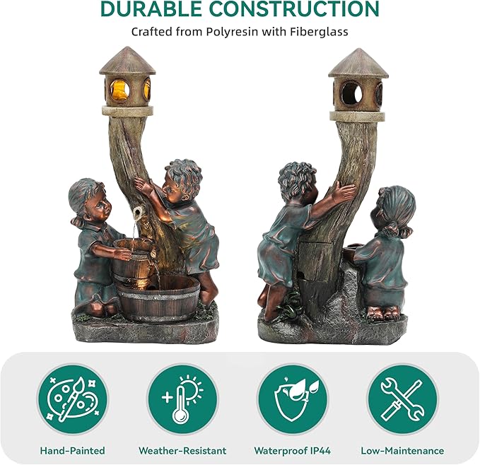AUTODAYA 31" Boy & Girl Outdoor Water Fountain with LED Lights, Pagoda and Wood Barrel Garden Fountain, 3-Tier Cascading Waterfall for Tranquil Backyard, Patio or Porch, Faux Bronze Finish