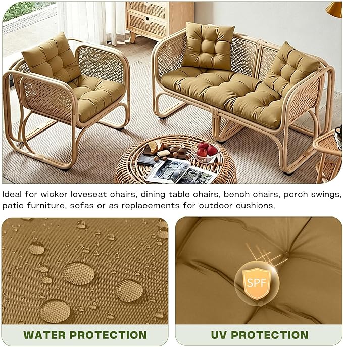 Wicker Chair Cushions Set, 2 U-Shaped Cushions & 1 Loveseat, Waterproof Outdoor Loveseat Cushion for Patio Furniture, Settee Bench Pad All Weather,Khaki