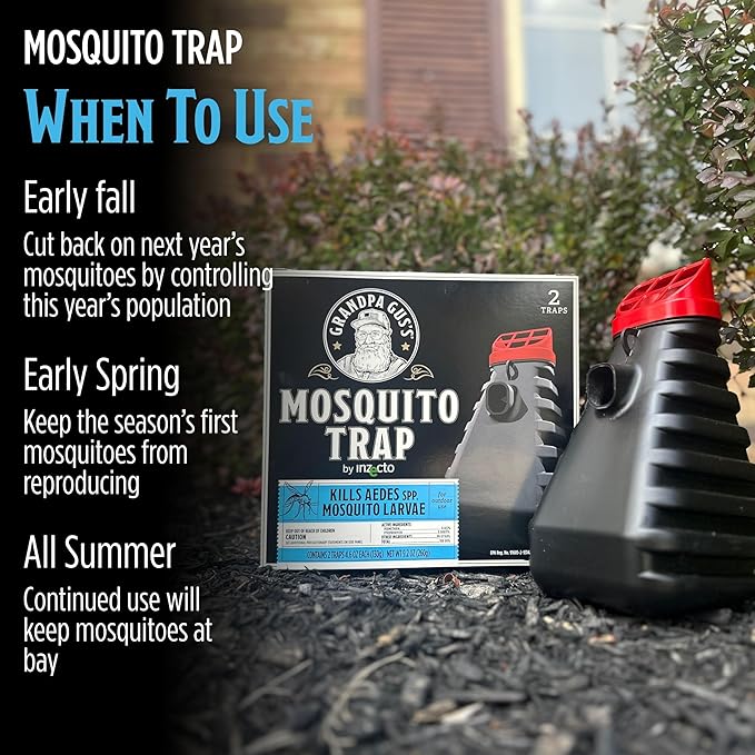 Grandpa Gus's Mosquito Trap and Outdoor Bug Killer - Water-Activated Larvae Control for Backyard, Patio, and Garden - Up to 35 Days & 1,500 Sq Ft of Protection Per Trap, 2 Pack