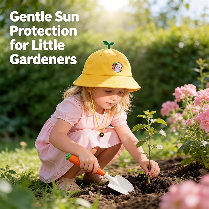 Kids Gardening Outdoor Tools Set with Adorable Sun Protective Hat & Bunny Apron, Carrot-Shaped Shovel Rake Trowel, Garden Kit for Toddlers Ages 3-8, Spring Birthday Gift