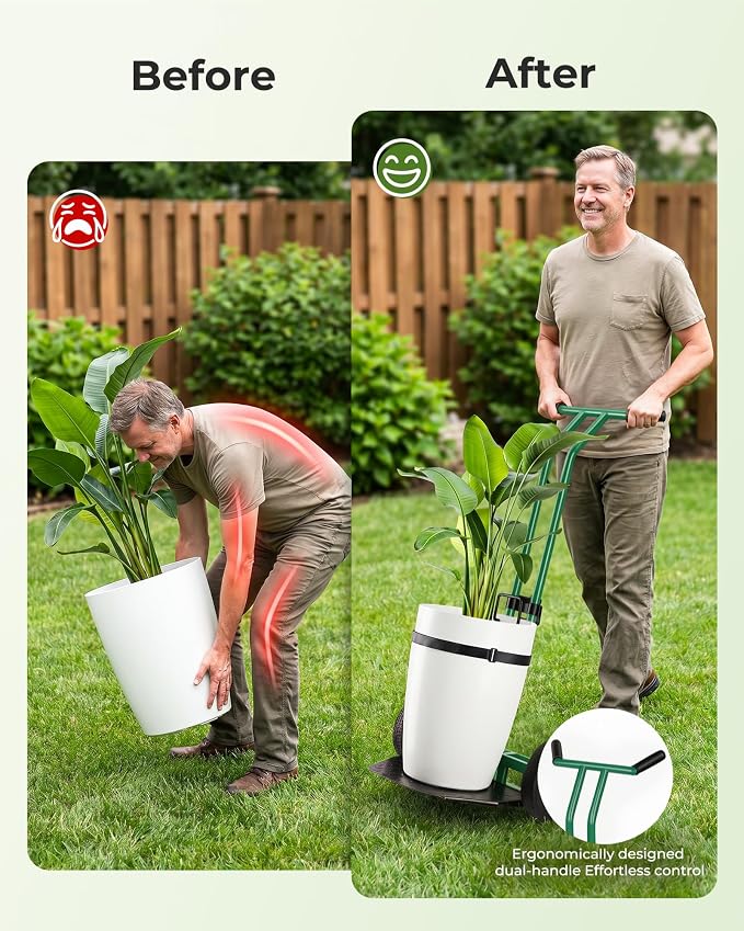 Brightown Plant Caddy with Wheels Heavy Duty, with Adjustable Forks and Grips - 200 lbs Capacity Plant Mover Caddy for Elderly Gardeners | All-Terrain Wheels for Indoor & Outdoor Use, Green