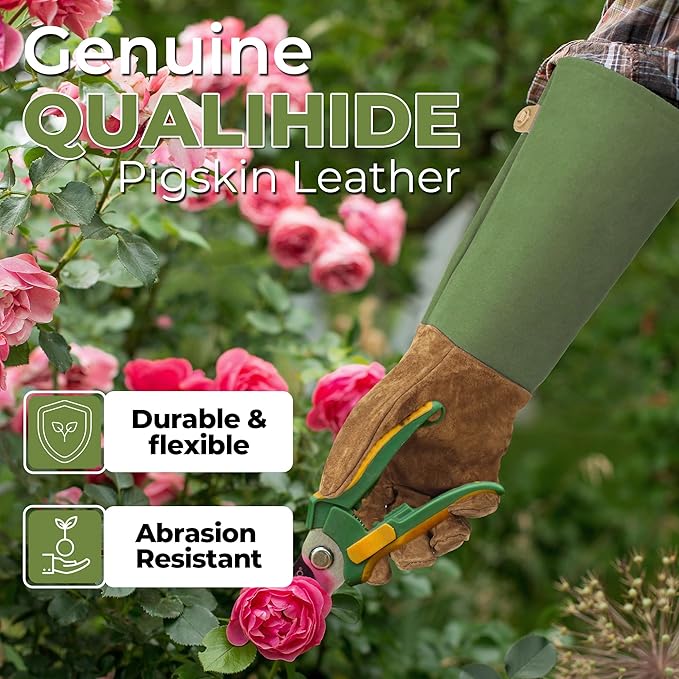 HANDLANDY Long Gardening Gloves for Men & Women, Pigskin Leather Rose Pruning Gloves, Breathable Thorn Proof Gauntlet Glove (Moss Green, XL)