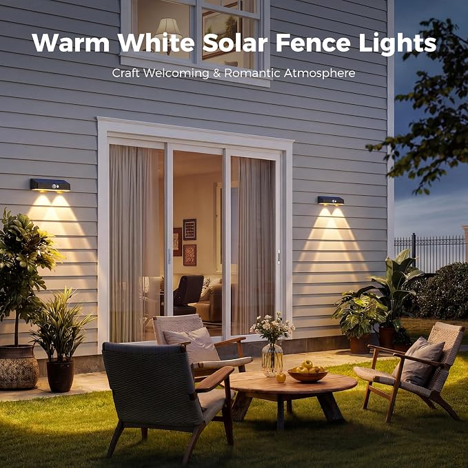 kolpop Warm White Solar Fence Lights Solar Powered,8 Pack Motion Sensor Fence Lights Outdoor,IP65 Waterproof,3 Lighting Modes LED Solar Lights for Backyard,Patio,Railing,Wall,Nighttime,Party