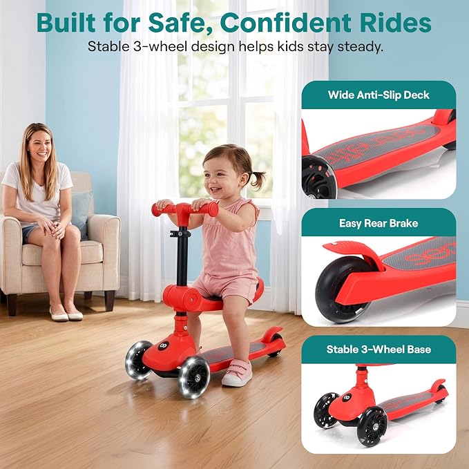 SereneLife 3 Wheel Scooter for Toddlers & Kids, Foldable Seat, LED Wheels, Adjustable Handlebar, Anti-Slip Deck, Rear Foot Brake, Lean-to-Steer, Kid Scooter, Supports up to 110 lbs (Red)