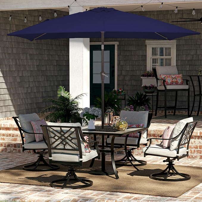 JEAREY 6.5x10 ft Rectangular Patio Umbrellas Outdoor Market Umbrella with Push Button Tilt and Crank, Rectangle Table Umbrellas 6 Sturdy Ribs UV Protection for Pool Garden Backyard Deck, Dark Blue
