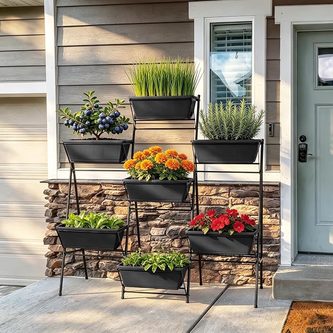 Sunexinlo 5-Tier Vertical Garden Planter with 7 Plant Boxes & Drainage Trays, Metal Freestanding Raised Bed for Herbs Flowers Vegetables, Indoor Outdoor for Patio Balcony Deck, Black