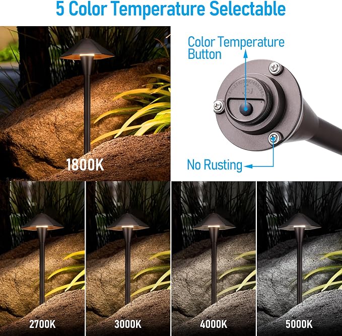 LEONLITE 6-Pack 5CCT Low Voltage LED Pathway Lights, Hexagon Head | 12-24V AC/DC, IP65, Landscape Path Lights, for Walkway Yard Garden, 1800/2700/3000/4000/5000K, Oil Rubbed Bronze, Aluminum