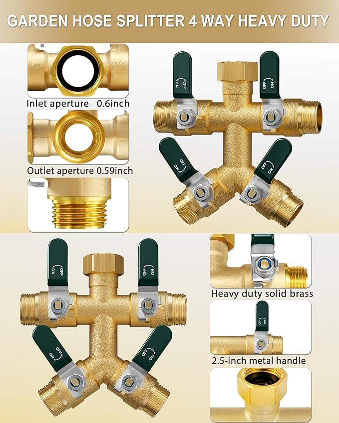 EBH Garden Hose Splitter 4 Way, Heavy Duty Solid Brass Hose Splitter with Shutoff Valves, Water Spigot Splitter With 304 Stainless Steel Handle, Full Flow Outdoor Faucet Splitter, 3/4" GHT Thread