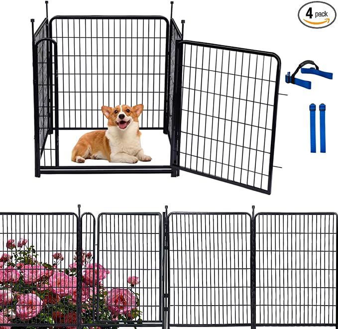 Tall Garden Fence Animal Barrier, 48 in(H) Fencing for Garden Beds, 4 Panels Total 8.9 Ft(L),Temporary Fence for Dogs Outdoor, 21 in Wide Low Threshold Gate, Garden Fence Border,Rabbit Fence