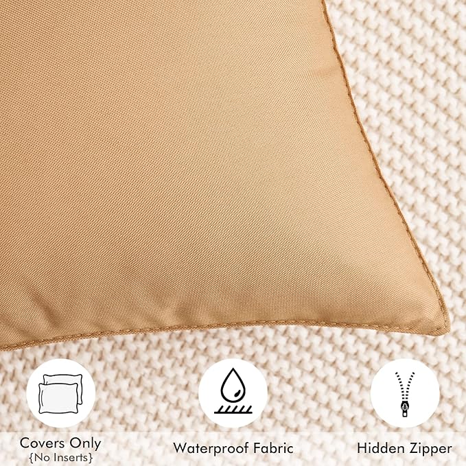 MIULEE Pack of 2 Decorative Outdoor Waterproof Pillow Covers Square Garden Cushion Sham Throw Pillowcase Shell for Spring Patio Tent Couch 16x16 Inch Light Brown
