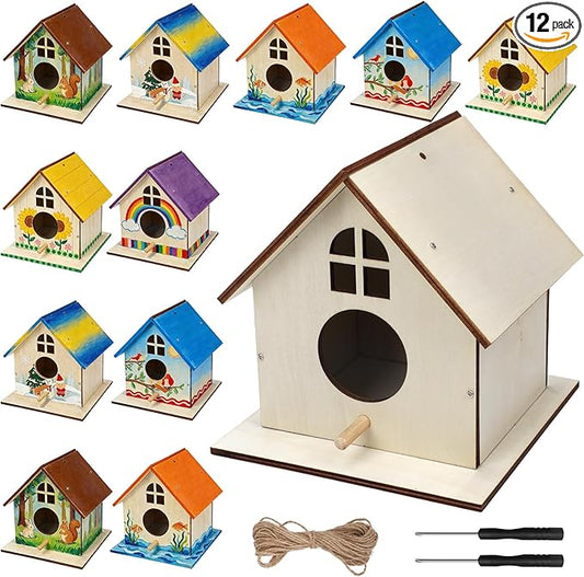 12 Pack Wooden DIY Birdhouse Kit for Kids Adults, Thickened Double-Layer Wood with Screwdrivers, Nails, Ropes, Easy Build & Paint Arts and Crafts Set for Backyard Garden Bird Watching