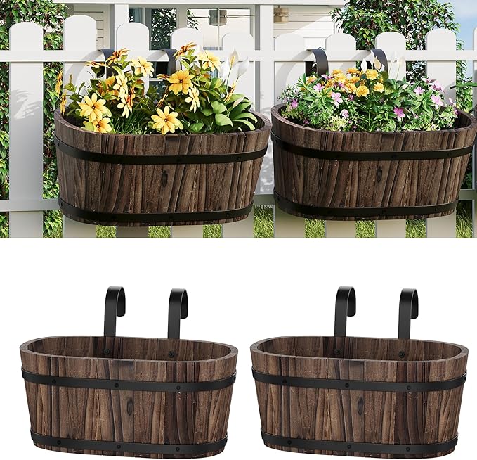 2pcs Railing Planter Boxes Wood Hanging Flower Pots for Railing Fence Outdoor Balcony Planters for Wall Window Flower Box Hanging Bucket Pots Countryside Plant Holder (Carbonized,2pcs,Large)