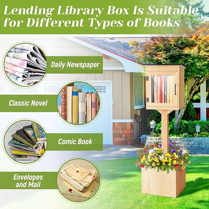 Wonderjune Outdoor Little Library Kit Free Library, Weatherproof Solid Wood Book Exchange Box with Floor Plugs and Small Flower Fence for Neighborhoods Community, Literature, School(Natural Wood)