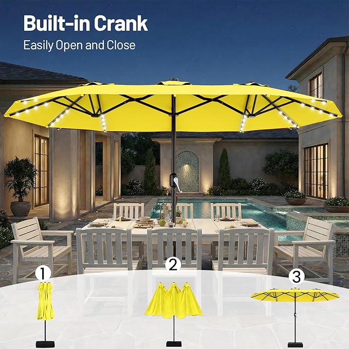 AreShark 13 FT Patio Umbrella with Solar Lights, Double-Sided Outdoor Table Umbrellas with Crank, Large Rectangular Market Umbrella for Porch, Lawn, Pool, Backyard, Yellow