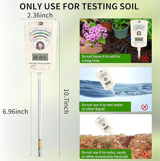 Soil Moisture Meter, 7-in-1 Soil Test Kit with Moisture/pH/Temperature/Sunlight/Air Humidity/Fertility, Soil Tester for Farming, Plants Gardening, Lawn, Gardening and Outdoor Plants