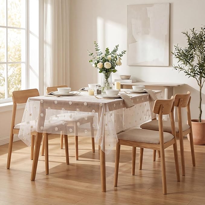 Horaldaily White Embroidery Daisy Spring Summer Gauze Tablecloth 60×120 Inch Rectangular, Seasonal Tulle Table Cover, Garden Party Decorations for Wedding, Party, Holiday Dining