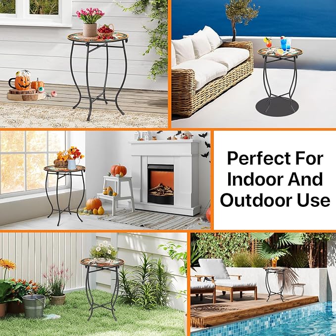 Metal Round Side Table & Plant Stand, 14" Diameter Indoor Outdoor Side Table, Weather Resistant Patio Table for Porch Yard Balcony, Easy Assembly