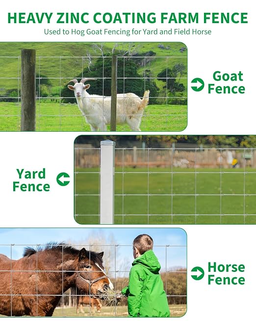 Cattle Fence 4Ft x 328, 13 Gauge Galvanized Wire Fencing, Hinge Knot Woven Wire Fence, Livestock Fencing for Cattle Goats Sheep Hog, Heavy Duty Durable Metal Field Fence for Pasture Yard Garden