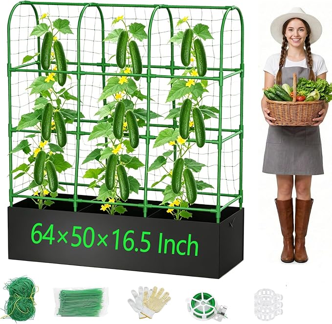 63.8"×49.6"×16.5" Cucumber Trellis with Grow Bag,Trellis for Climbing Plants Outdoor,U-Shape Reusable Metal Garden Arch Trellis with Net, for Fruit Flower Support for Pea, Grape Vine Type Plants