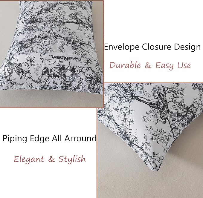 FADFAY Twin XL College Bedding Bird Sheets Set Extra Long Dorm Room Bedding 100% Egyptian Cotton Soft Breathable Sheets Black and White Toile de Jouy French Country Sheet Vintage Farmhouse Sheet 4Pcs