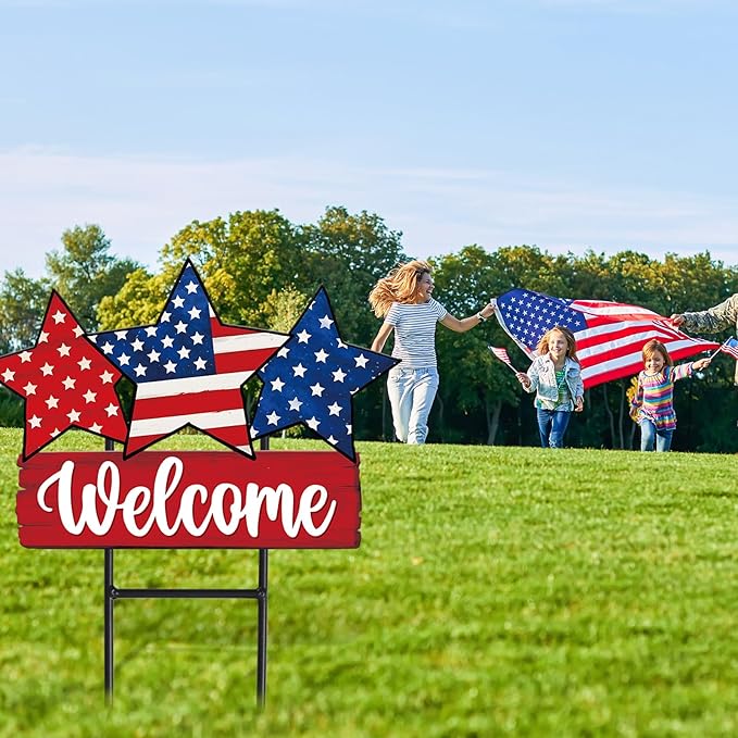 JarThenaAMCS Patriotic Metal Garden Stakes Vintage 4th of July Star Decorative Lawn Sign Welcome Yard Sign for 250th Anniversary Independence Day Home Outside Lawn Porch Decor