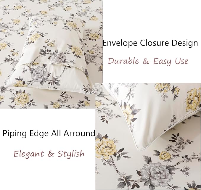 FADFAY Floral Sheets Set Queen Vintage Rose Floral Bedding Shabby Grey and Yellow Peony Sheets Farmhouse Bedding 800 Thread Count 100% Egyptian Cotton Soft Deep Pocket Fitted Sheet 4Pcs, Queen Size