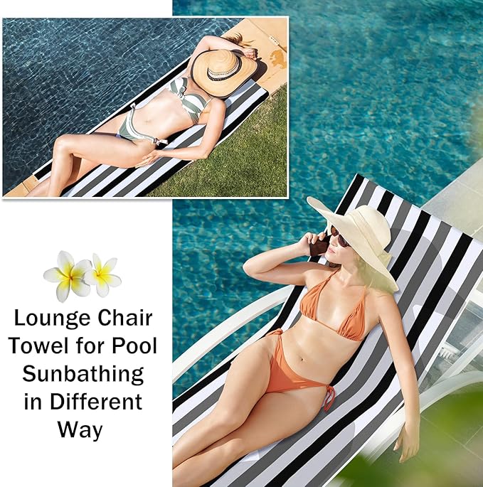 Fumete 2 Pack Lounge Chair Covers 30 x 85 Inch Pool Chaise Lounge Towels Microfiber Beach Chair Towel Portable Striped Outdoor Patio Furniture Cover for Sunbathing Picnic Spa(Black and Grey)