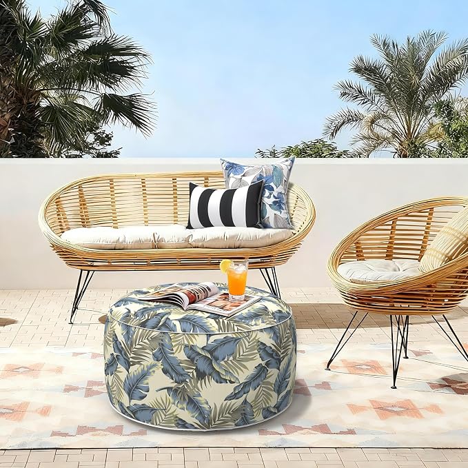 LVTXIII Outdoor Inflatable Ottoman, Fade-Resistant Round Footrest Stool D31”x H14”, Portable Patio Pouf for Garden Camping or Home Use, ‌Lush Palm Blue
