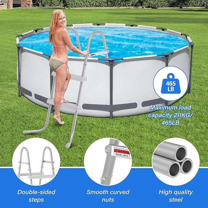 33" 2-Step Steel Frame Above Ground Swimming Pool Ladder,Heavy Duty Double Sided Removable Pool Steps,Pool Ladder Steps with Non-Slip Plastic Steps for Entry and Exit