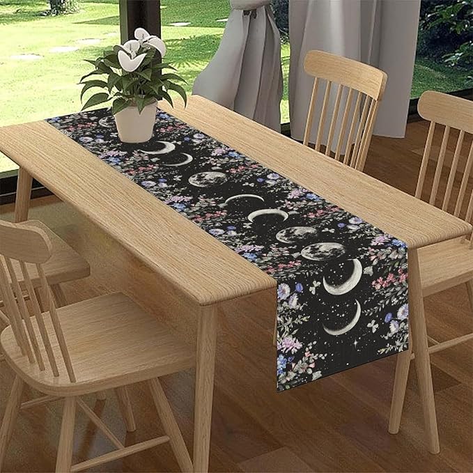 Boho Floral Table Runner, Spring Gothic Wild Flower Moon Phase Seasonal Mystical Witch Coffee Table Center Decor for Family Holiday Party Kitchen Outdoor Farmhouse Table Decorations, 13"x90"