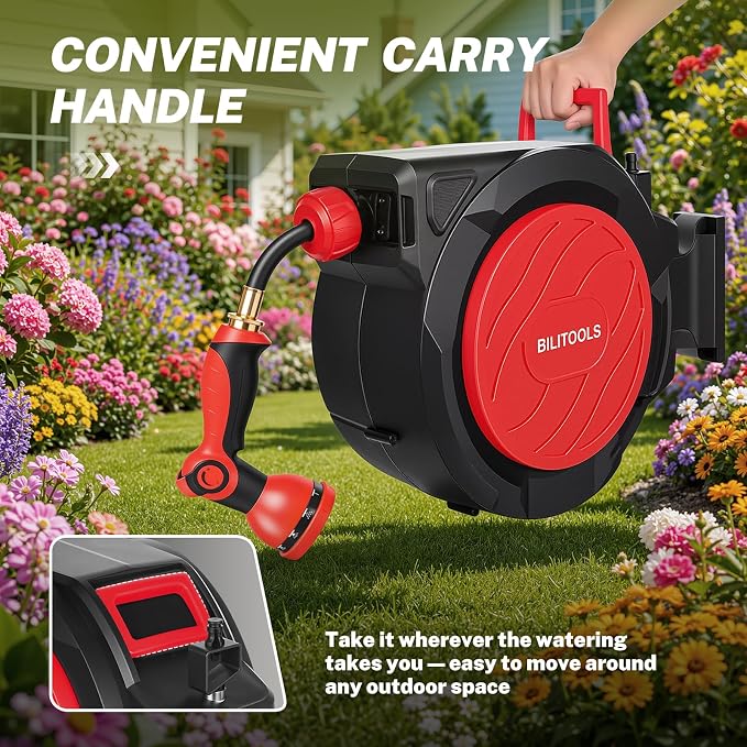 BILITOOLS Retractable Garden Hose Reel 5/8 in x 50 ft, Wall Mounted Water Hose Reel for Outside with Any Length Lock, Slow Auto Rewind Anti-Tangle System, 180° Swivel Bracket & 10-Pattern Spray Nozzle