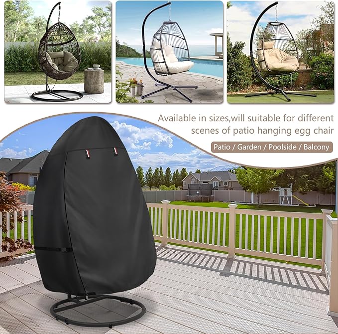 okcool Patio Hanging Egg Chair Cover, Waterproof Heavy Duty Outdoor Single Seat Swing Egg Chair with Stand Cover(Black,45″W x 33″D x 68″H)