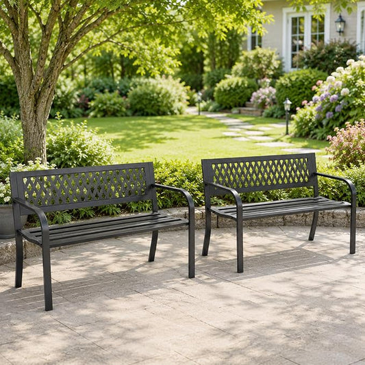 Outdoor Bench 2 Pack, 47" Garden Bench with Plastic Backrest | 2-Person Outdoor Seating Park Bench for Porch, Patio, Lawn, Deck and Entryway, Black