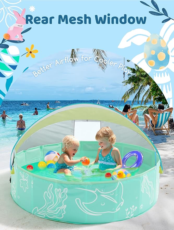 Hikiddy Foldable Kiddie Pool with Canopy: 31.5in/ 47in /63in for Baby Toddler Kids Family - Summer Water Play Pool with Shade - Portable for Outdoor Backyard Beach (Mint-Lemon, 47in)
